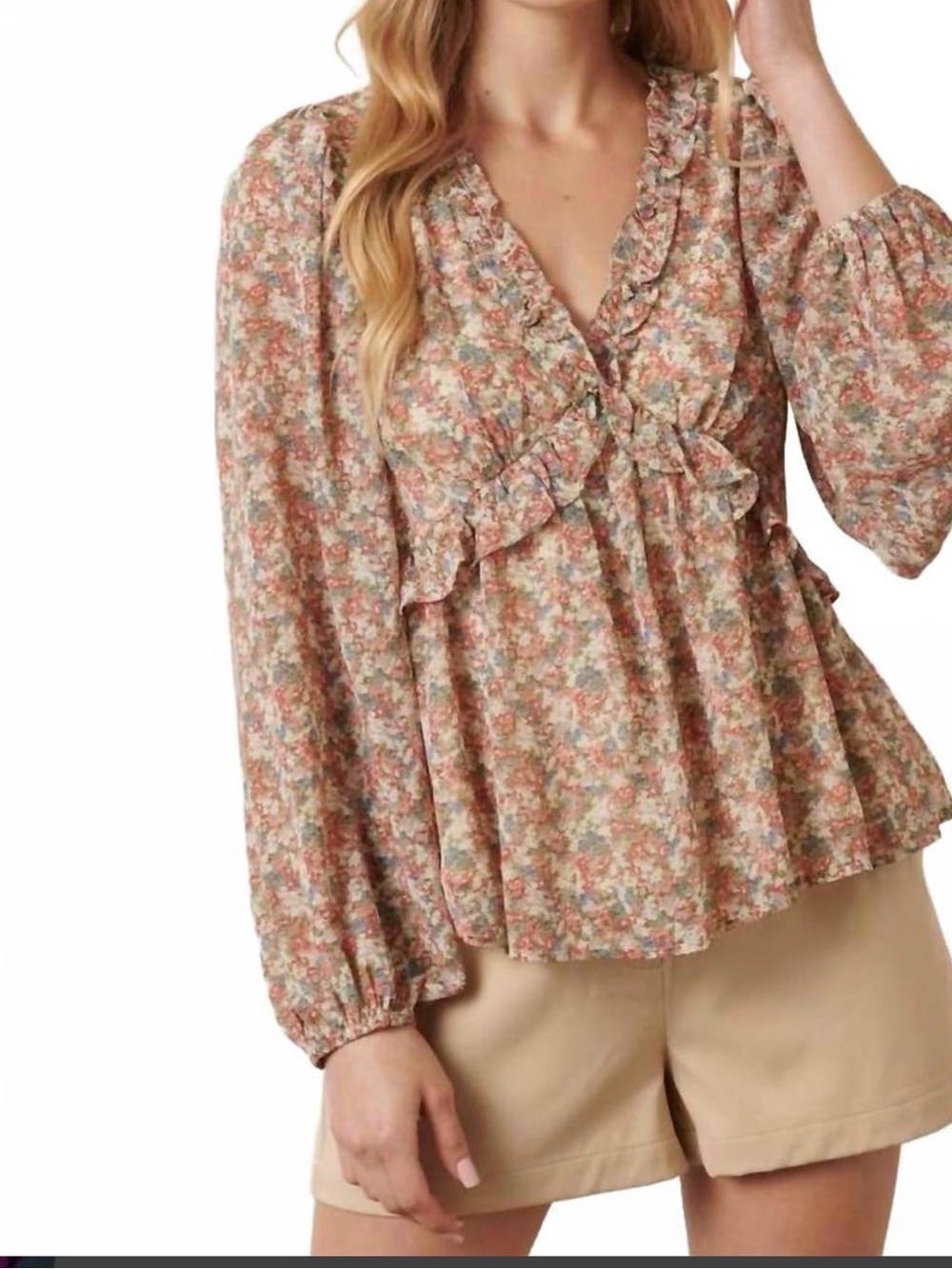 mittoshop Boutique Floral Ruffle V-Neck Blouse